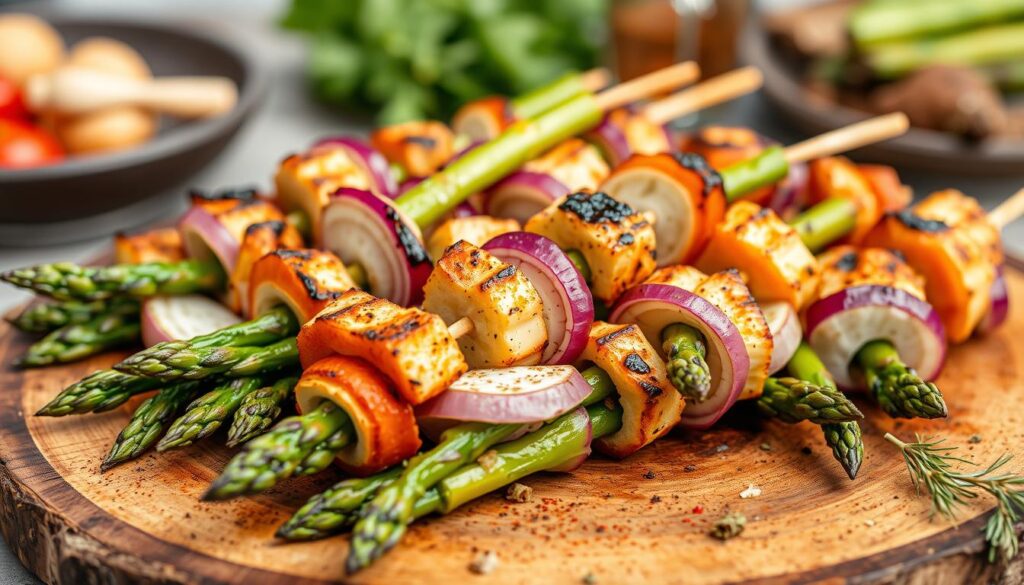 asparagus and red onion skewers